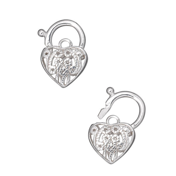 Clasp, lock, sterling silver, 17x12mm heart with cutout design. Sold individually. image number 0