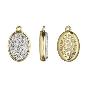 Drop, Druzylite™, "druzy" (resin) and gold-finished brass, silver, 15.5x11.5mm two-sided oval with open filigree back. Sold per pkg of 4.