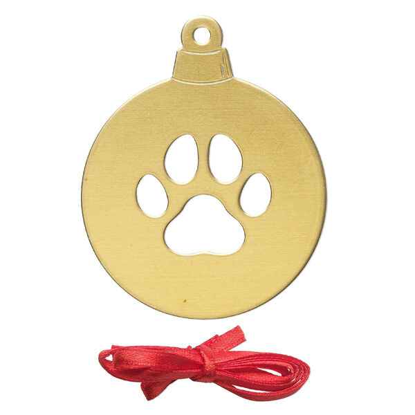 Ornament, ImpressArt®, brass and polyester, 2-1/2 x2 inch ball with cutout paw print with ribbon. Sold per pkg of 2. image number 0