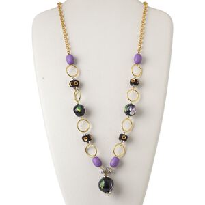 Necklace, polymer clay / acrylic / glass / painted wood / gold-finished steel / gold-coated plastic, multicolored, 23mm round with flower and leaf design, 27 inches with 1-1/2 inch extender chain and lobster claw clasp. Sold individually.