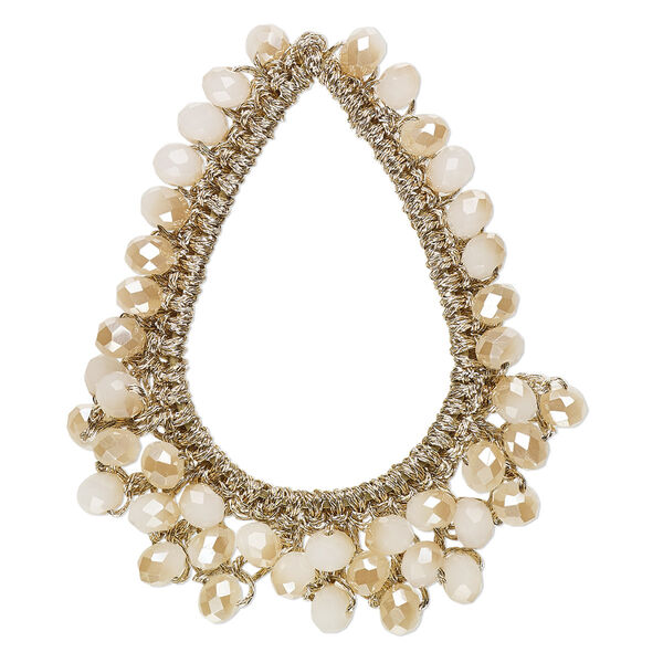 Focal, glass / nylon / steel, gold, 52x43mm-55x44mm open teardrop with fringe.. Sold per pkg of 2. image number 0