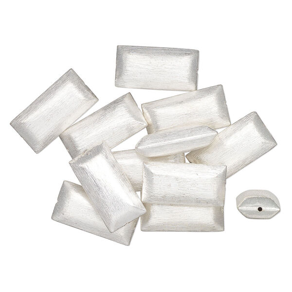 Bead, silver-finished brass, 24x12mm brushed puffed rectangle. Sold per pkg of 12. image number 0