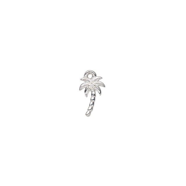 Charm, sterling silver and cubic zirconia, clear, 9x6mm single-sided palm tree, Sold Individually. image number 0