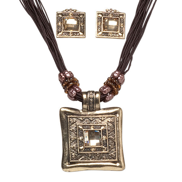 Necklace and earring set, antique gold-finished pewter (tin-based alloy) with acrylic, champagne / brown / mauve, 49x47mm fancy square pendant on nylon cord, 16 inches with 2-inch steel extender chain and brass lobster claw clasp, 25x22mm earrings with stud, earnuts included. Sold per set. image number 0
