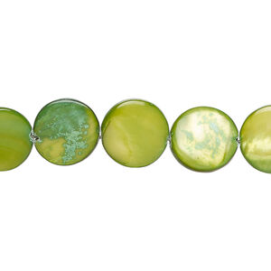 Mother-of-pearl shell 1pkg1, puffed flat round bead 15 inch dark fern green 11-12mm
