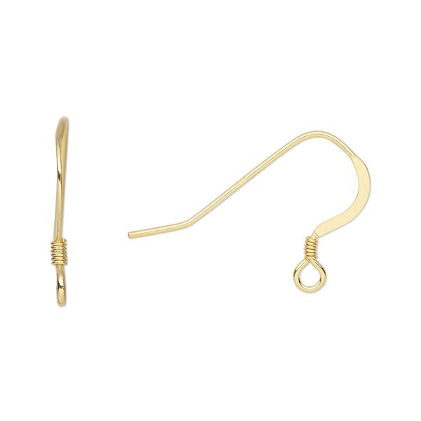 Ear wire fishhook 1pkg4 sterling silver, 15mm flat / 2mm coil / open loop, 21 gauge "vermeil" 2 pair image number 0