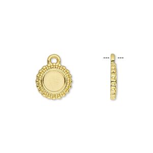 Drop, gold-finished brass, 10.5mm single-sided beaded round with 6mm round setting. Sold per pkg of 10.