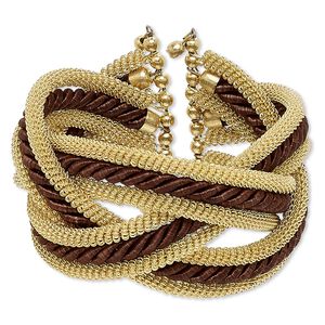 Bracelet, cuff, polyester with gold-finished steel and brass, brown, 42mm wide with braided and coiled wire design, adjustable from 6-1/2 to 7-1/2 inches. Sold individually.