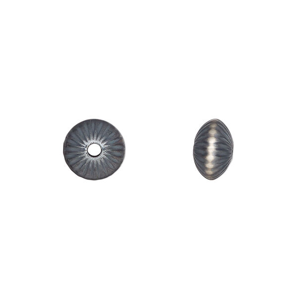 Bead, Navajo pearl style, brushed oxidized sterling silver, 9 x 5.5mm corrugated saucer. Sold individually. image number 0
