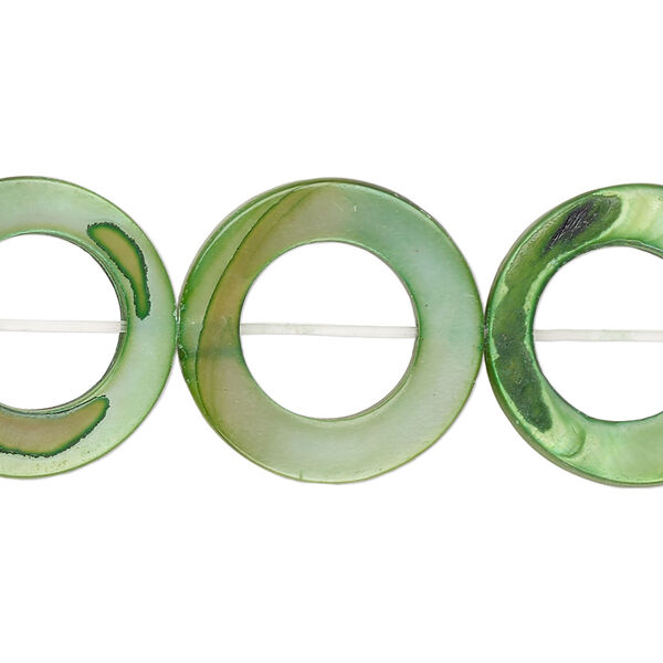 Bead, mother-of-pearl shell (dyed), green, 20mm round donut, Mohs hardness 3-1/2. Sold per 15-1/2" to 16" strand. image number 0