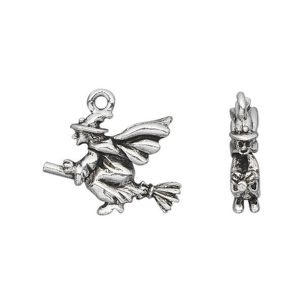 Charm, pewter (tin-based alloy), pkg/1, antique silver plate, 20x18mm double-sided witch on broomstick. image number 0