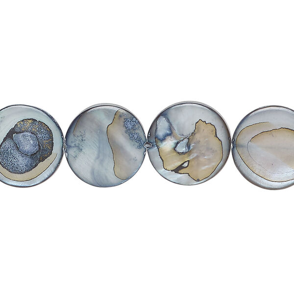 Mother-of-pearl shell 1pkg1, puffed flat round bead 15 inch blue steel 12-13mm image number 0