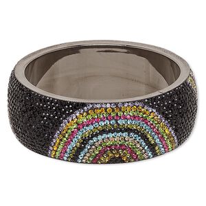 Bracelet, bangle, epoxy / Preciosa glass rhinestone / gunmetal-plated brass, multicolored, 30mm wide with half circle design, 2-3/4 inch inside diameter. Sold individually.