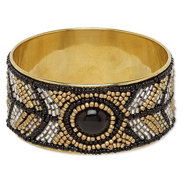 Bracelet, bangle, glass and brass, black / metallic grey / copper, 34mm wide with oval and chevron design, 8 inches. Sold individually. image number 0