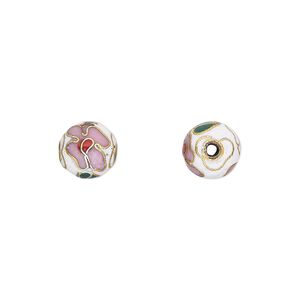 Bead, cloisonn&eacute;, enamel and gold-finished copper, white and multicolored, 8mm round with flower design. Sold per pkg of 10.