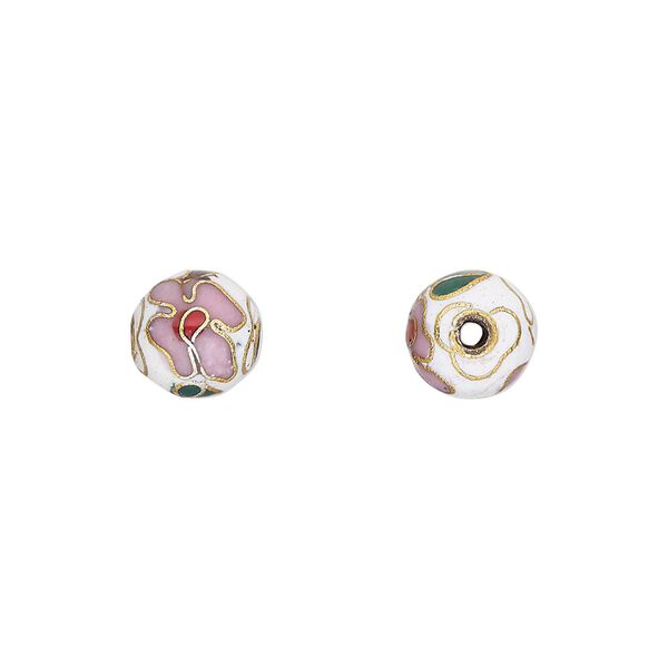 Bead, cloisonné, enamel and gold-finished copper, white and multicolored, 8mm round with flower design. Sold per pkg of 10. image number 0