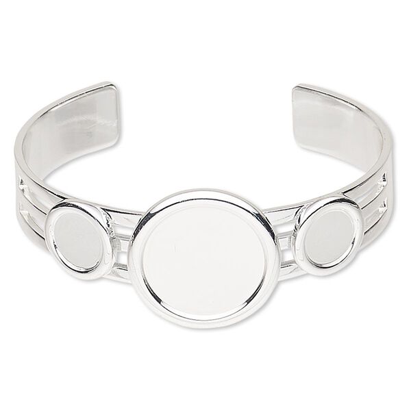 Bracelet, Almost Instant Jewelry®, cuff, silver-plated brass and "pewter" (zinc-based alloy), 25mm wide with (2) 10mm and (1) 20mm round settings, adjustable. Sold individually. image number 0