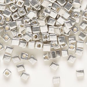 Seed bead, Miyuki, glass, pkg/25g, 3.5-3.7mm square, opaque metallic silver (SB-1051).