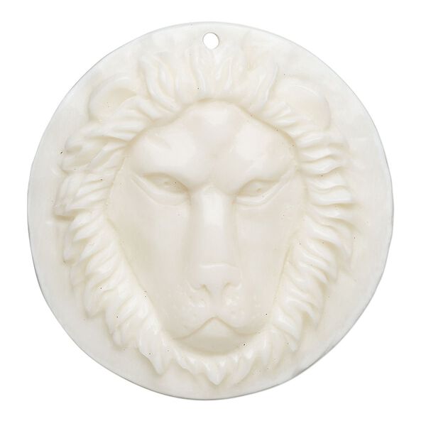 Focal, bone (bleached), 34mm hand-carved top-drilled single-sided lion face, Mohs hardness 2-1/2. Sold individually. image number 0