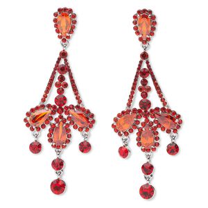 Earring, imitation rhodium-finished "pewter" (zinc-based alloy) / Czech glass rhinestones / acrylic, red, 88x34mm drop, earnuts included. Sold per pair.