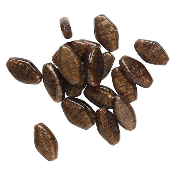 Bead, lampworked glass, translucent brown, 30x18mm-33x20mm flat marquise with copper-colored glitter. Sold per pkg of 20. image number 0