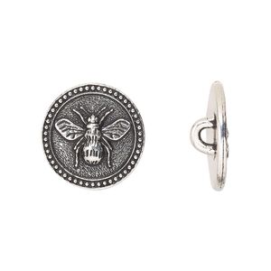 Button, TierraCast®, antique silver-plated pewter (tin-based alloy), 15mm beaded flat round with bee and closed loop. Sold per pkg of 2.