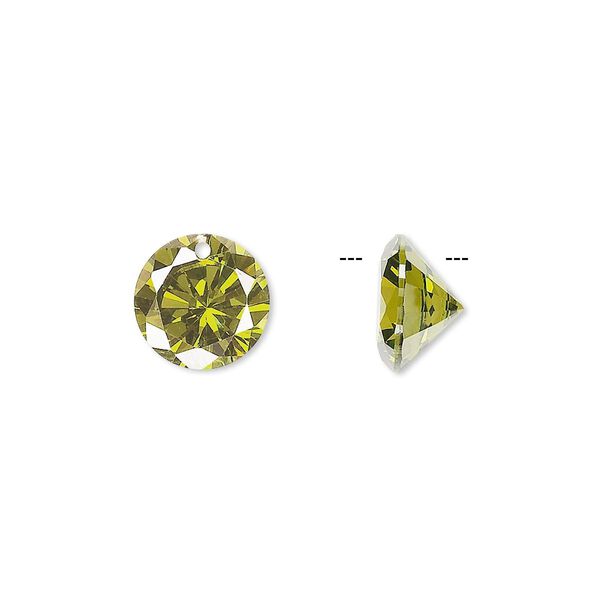 Drop, cubic zirconia, olive green, 10mm hand-faceted round, Mohs hardness 8-1/2. Sold per pkg of 4. image number 0