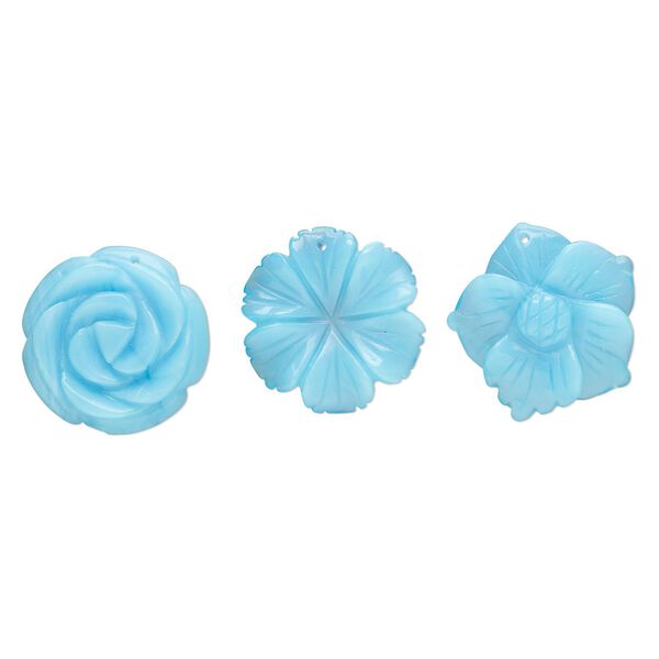 Focal mix, glass, translucent light blue, 40x35mm-40x40mm top-drilled carved flower. Sold per pkg of 3. image number 0