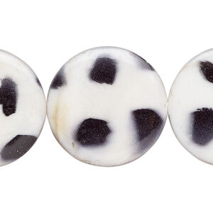 Mother-of-pearl shell 1pkg1, puffed flat round / black spots bead 15 inch white 24-25mm