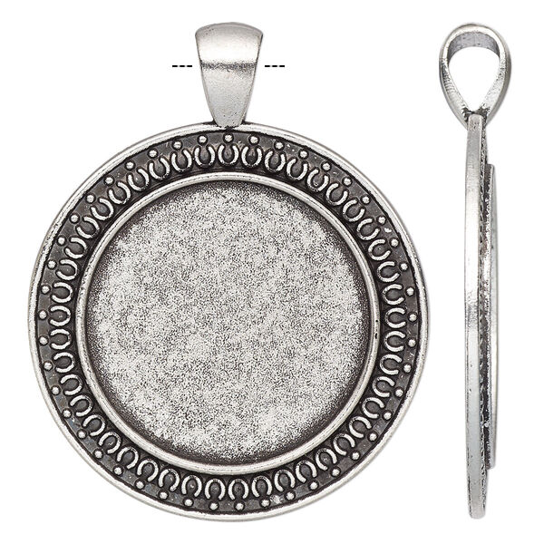 Pendant, antique silver-finished "pewter" (zinc-based alloy), 44x35mm single-sided round with horseshoe design and 25mm non-calibrated round setting. Sold individually. image number 0