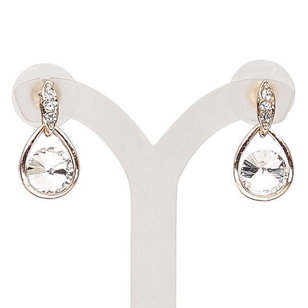Earring, glass / glass rhinestone / stainless steel / rose gold-finished "pewter" (zinc-based alloy), clear, 20mm with teardrop and post. Sold per pair. image number 0