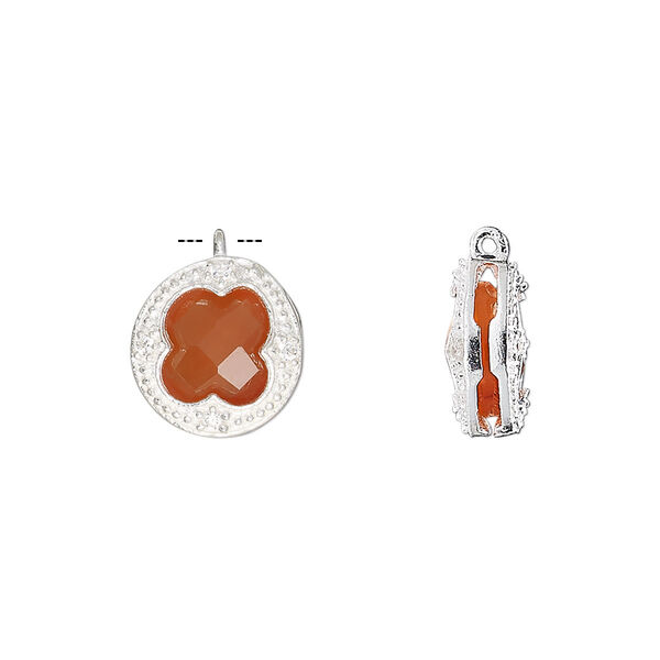 Drop, carnelian (dyed / heated) / cubic zirconia / sterling silver, clear, 12mm two-sided faceted round. Sold individually. image number 0