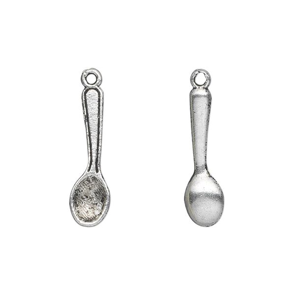 Charm, antique silver-plated "pewter" (zinc-based alloy), 21x6mm double-sided spoon. Sold per pkg of 50. image number 0