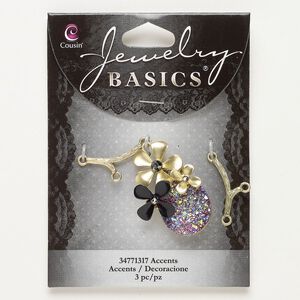 Focal and finding set, gold-finished aluminum / brass / "druzy" (resin), matte rainbow multicolored, 20.5x9.5mm branch and 34.5x25.5mm flower. Sold per pkg of 3.