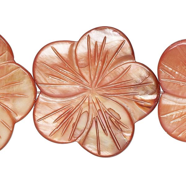 Bead, mother-of-pearl shell (dyed), copper, 29x28mm-31x30mm carved flat flower, 0.6-0.8mm hole, Mohs hardness 3-1/2. Sold per 15-1/2" to 16" strand. image number 0