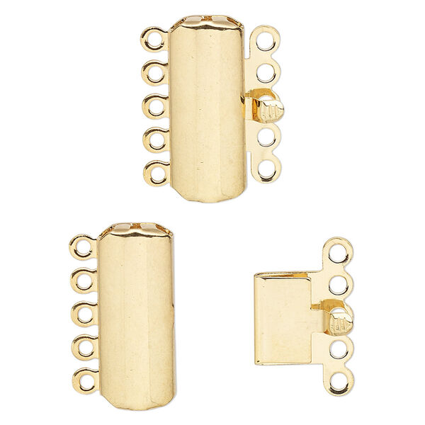 Clasp, 5-strand tab, gold-plated brass, 19x8mm curved rectangle. Sold per pkg of 10. image number 0