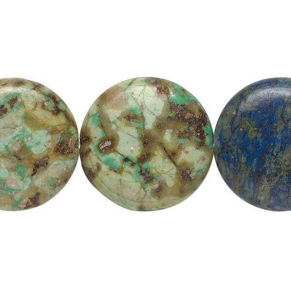 Bead, chrysocolla (stabilized), 20mm flat round, B grade, Mohs hardness 2 to 4. Sold per 8-inch strand, approximately 10 beads. image number 0