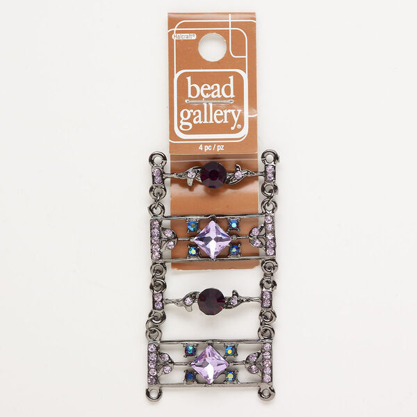 Link assortment, gunmetal-finished "pewter" (zinc-based alloy) and glass, amethyst purple / light purple / purple AB, 36x7mm fancy rectangle and 36x14mm fancy rectangle. Sold per pkg of 4. image number 0