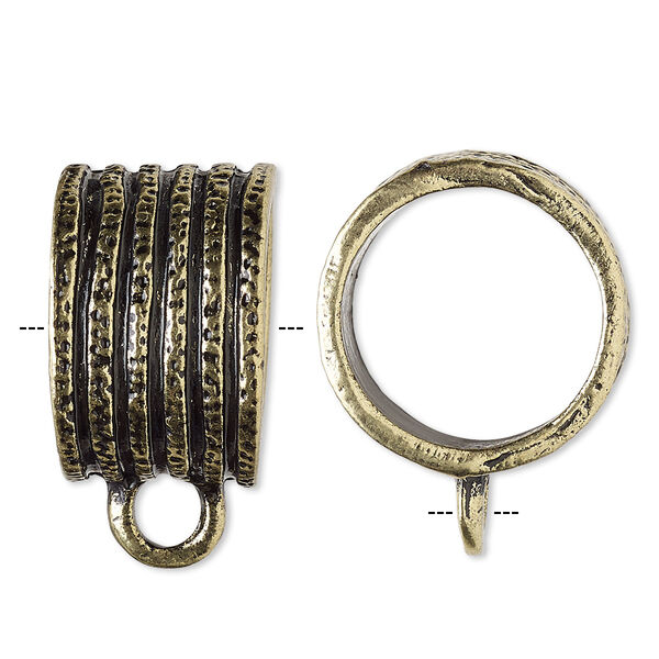 Scarf jewelry component, antique gold-finished "pewter" (zinc-based alloy), 22mm round with lines design and closed loop, 18mm hole. Sold individually. image number 0