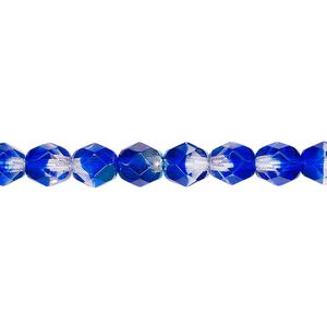 Bead, Czech fire-polished glass, two-tone, crystal/dark blue AB, 6mm faceted round. Sold per 15-1/2" to 16" strand.