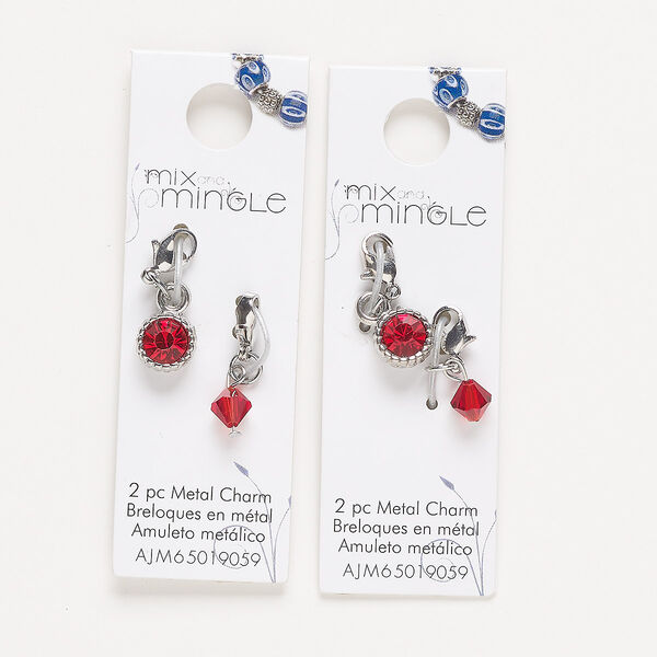 Drop, silver-finished "pewter" (zinc-based alloy) / steel / glass, red, 22x7mm single-sided and 24x9mm single-sided with lobster claw clasp. Sold per pkg of (2) 2-piece sets. image number 0