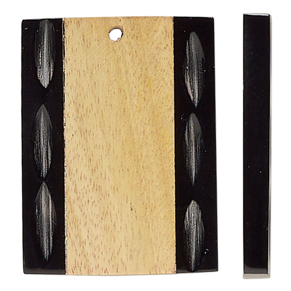 Focal, yellow boxwood and horn (assembled), tan and black, 39x30mm top-drilled rectangle with bone-carved design. Sold per pkg of 2. image number 0