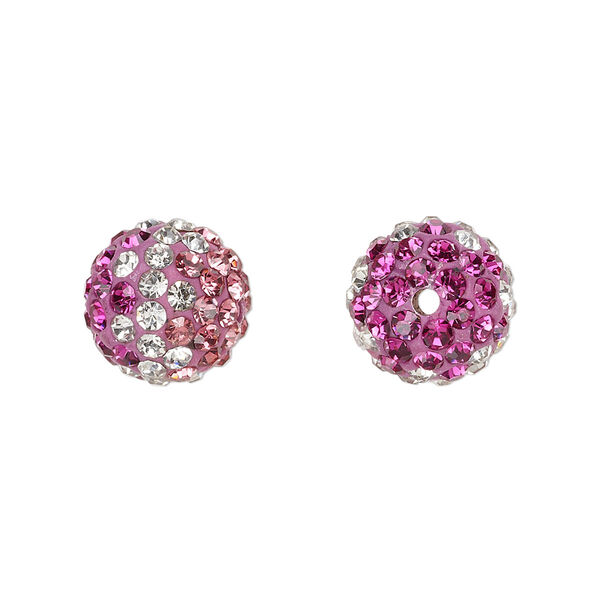 Bead, Egyptian glass rhinestone / epoxy / resin, clear / dark pink / fuchsia, 12mm round with pavé wave design. Sold individually. image number 0