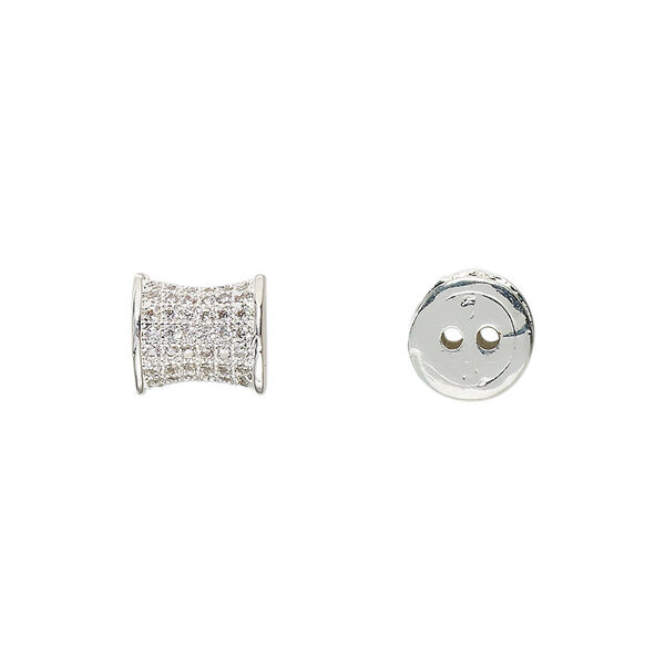 Bead, glass rhinestone and silver-finished brass, clear, 9x8mm pinched cylinder with 2 holes. Sold individually. image number 0
