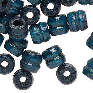 Bead, wood (dyed/waxed), dark teal, 11x9mm ribbed barrel. Sold per pkg of 100.