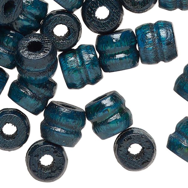 Bead, wood (dyed/waxed), dark teal, 11x9mm ribbed barrel. Sold per pkg of 100. image number 0