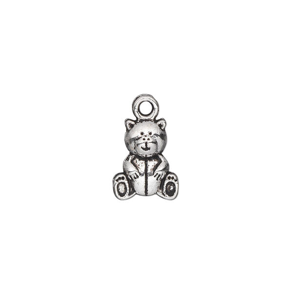 Charm, antique silver-plated "pewter" (zinc-based alloy), 13x11mm double-sided teddy bear. Sold per pkg of 20. image number 0