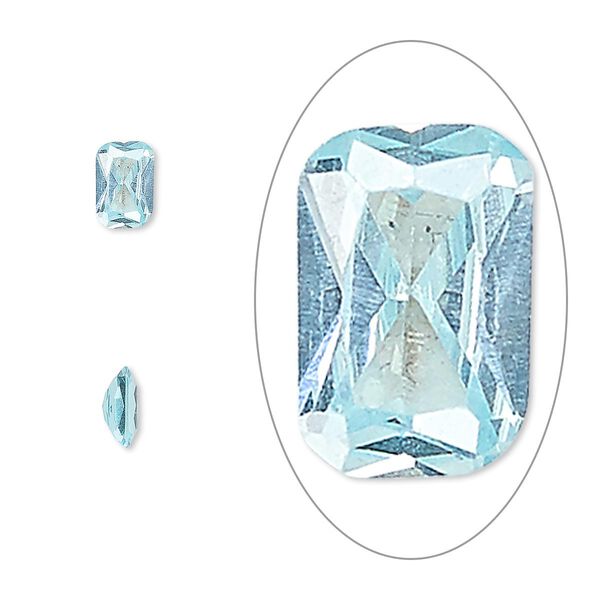 Gem, cubic zirconia, aqua blue, 6x4mm faceted emerald-cut, Mohs hardness 8-1/2. Sold per pkg of 2. image number 0