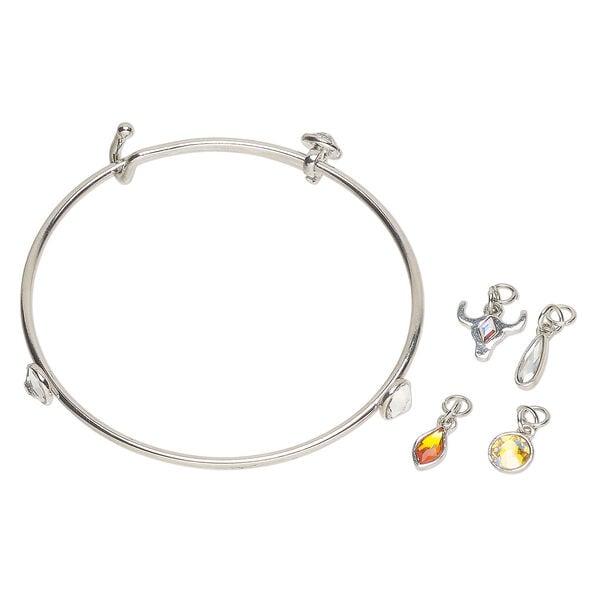 Bracelet / drop / charm assortment 1pkg5, antique silver-finished brass and steel / glass, mixed colors, mixed sizes and shapes, 7-1/2 inches image number 0