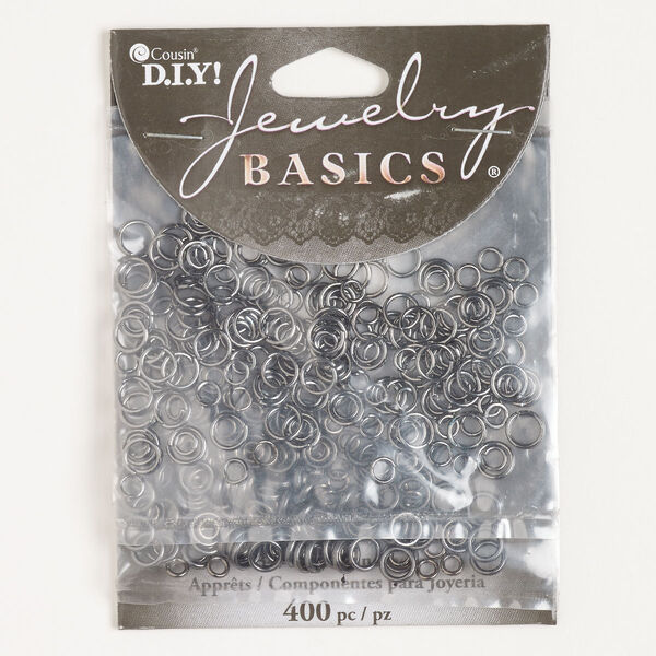Jump ring assortment, steel, pkg/400, 4mm round with 2.1mm inside diameter and 6mm round with 4.5mm inside diameter, 16 and 20 gauge, gunmetal finish. image number 0